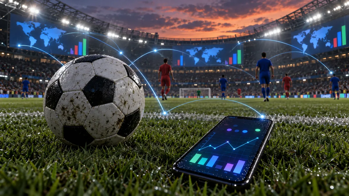 En slitt fotball og en smarttelefon med fargede grafer ligger på vått gress i et flombelyst stadion, med anonyme spillere, verdenskart og blå lyslinjer i bakgrunnen.