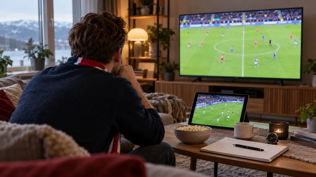 En person sett bakfra følger fotballkamper på en TV og et nettbrett i en stue, med notatbok, penn, klokke, kaffekopp og popcorn på bordet.